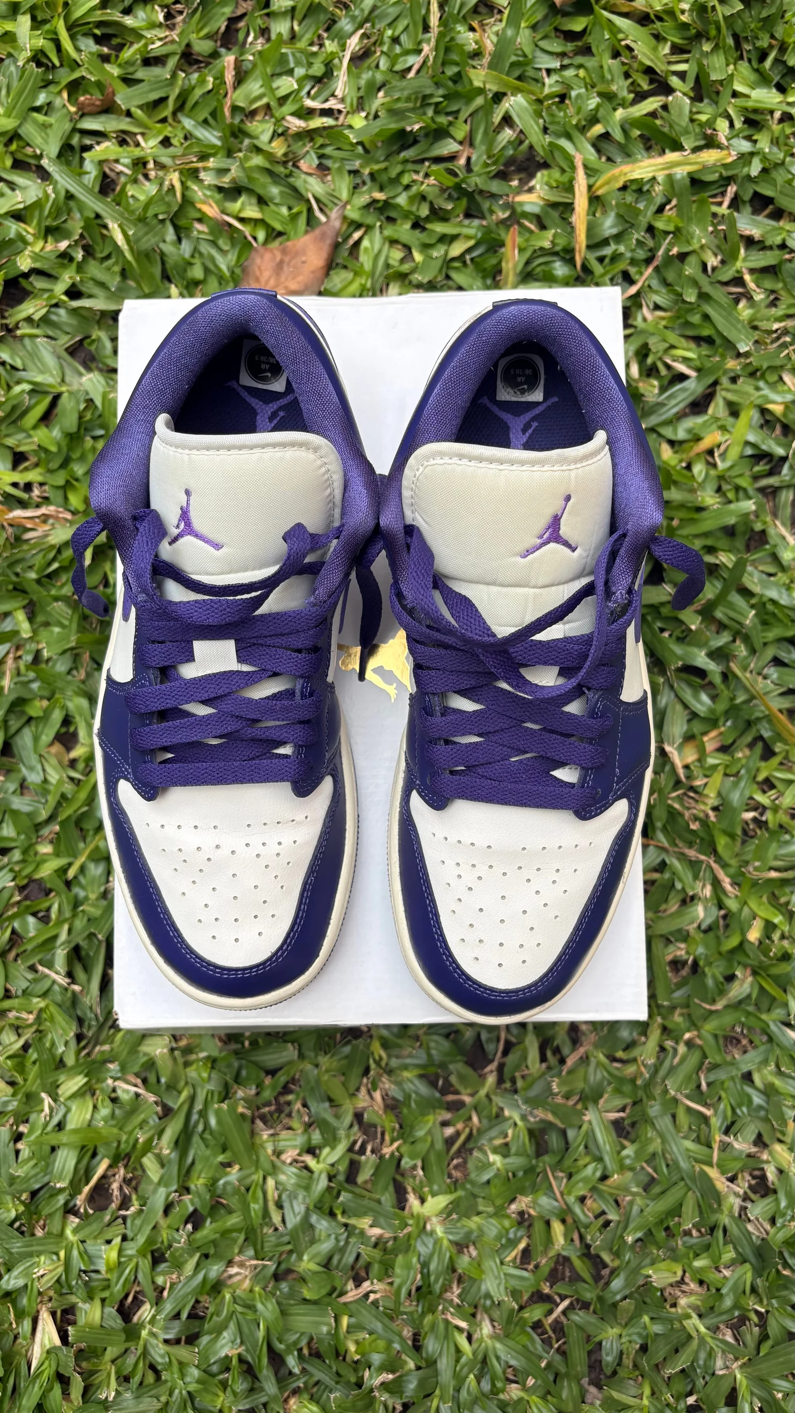 Nike Air Jordan 1 Low vistas desde arriba, con cordones violetas y punteras blancas